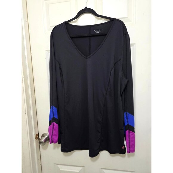 Livi BY Lane Bryan V-Neck Active Long Sleeve Top Colorblock Cuffs Black/Purple/B - Picture 2 of 7